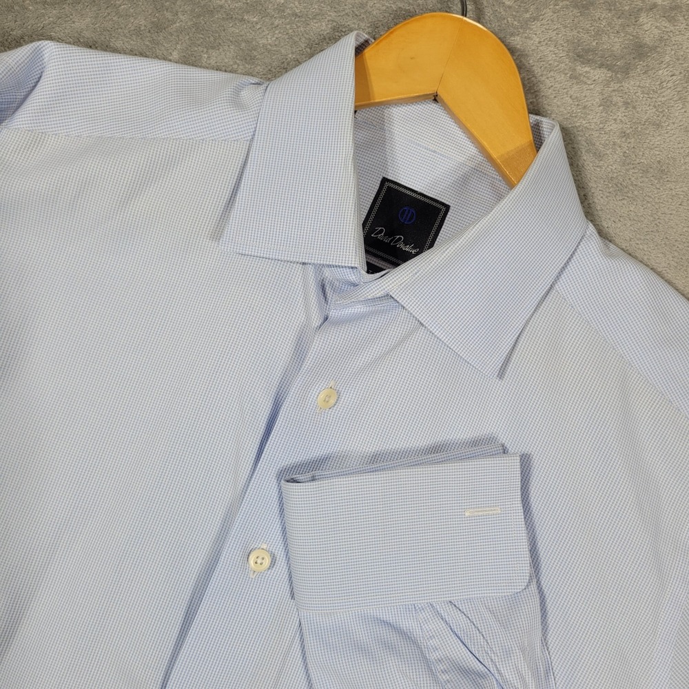 David Donahue Dress Shirt Mens 16.5 34/35 Blue Houndstooth Trim French Cuff